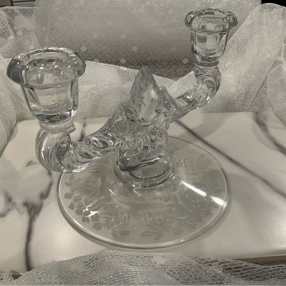 Cut Crystal Candle Holder Vintage 2 Taper Etched Flower Bottom